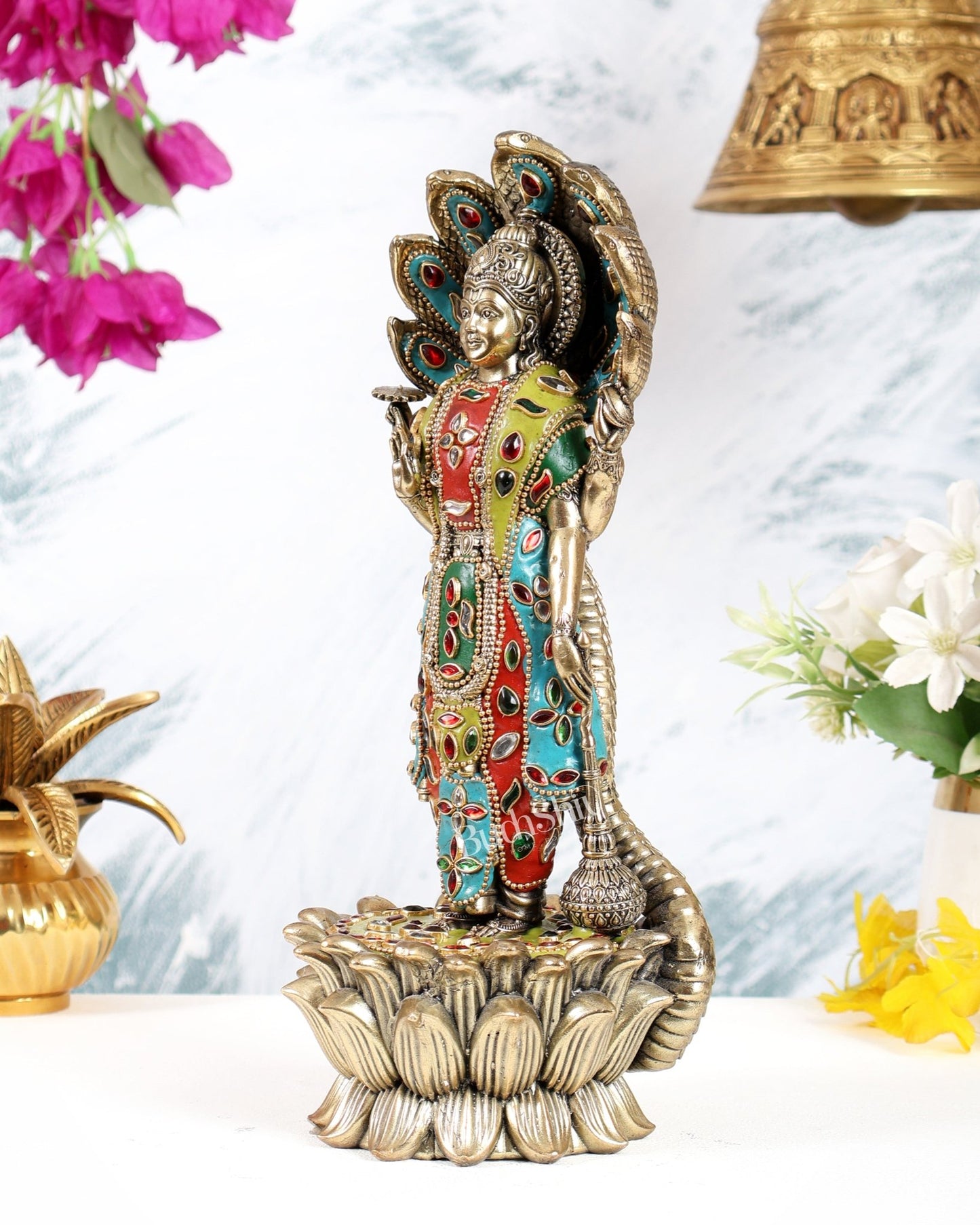 Pure Brass Lord Vishnu Standing with Sheshanaag 11.5 inch with meenakari - Budhshiv.com