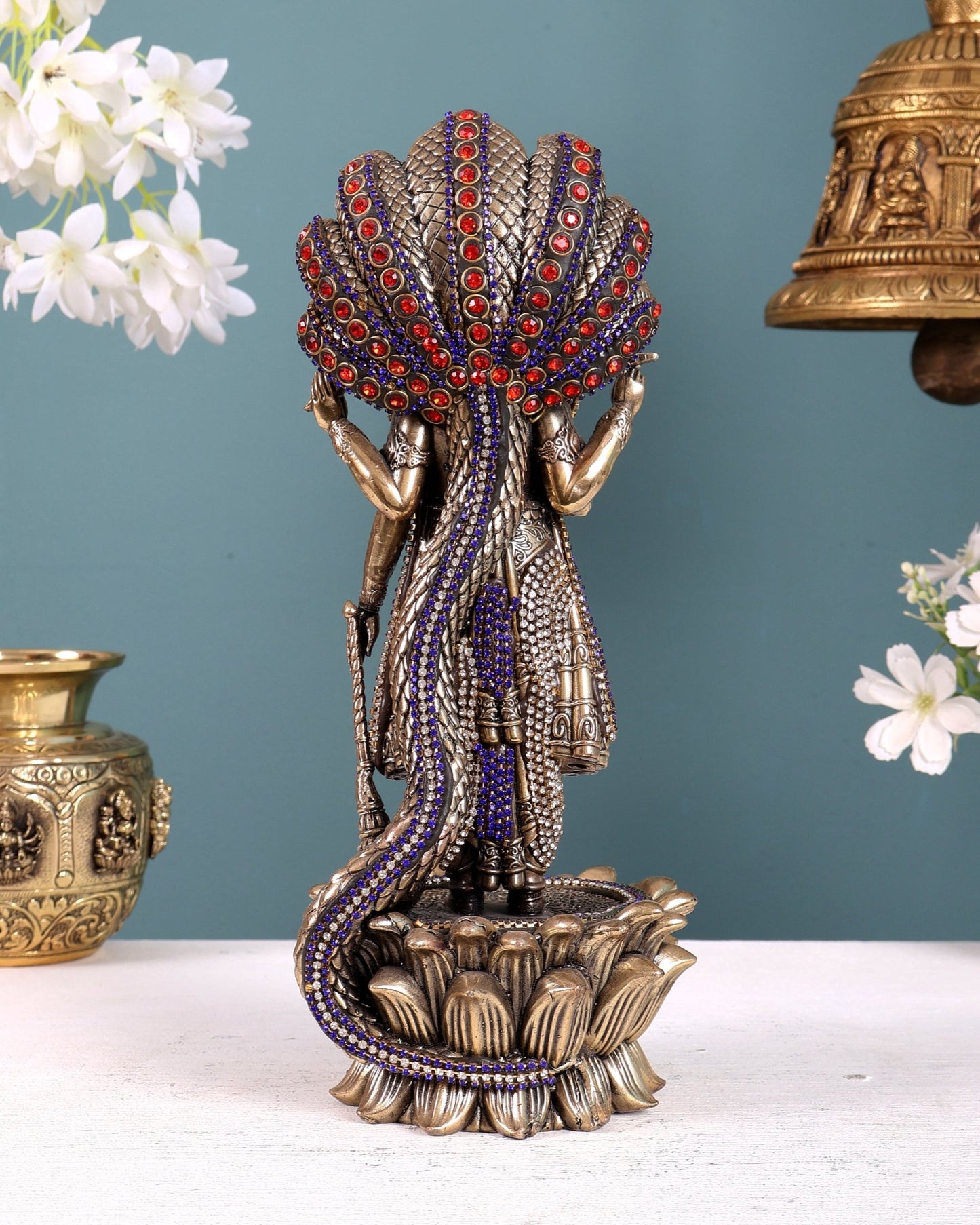 Pure Brass Lord Vishnu Standing with Sheshanaag jewel work 11.5 inch - Budhshiv.com