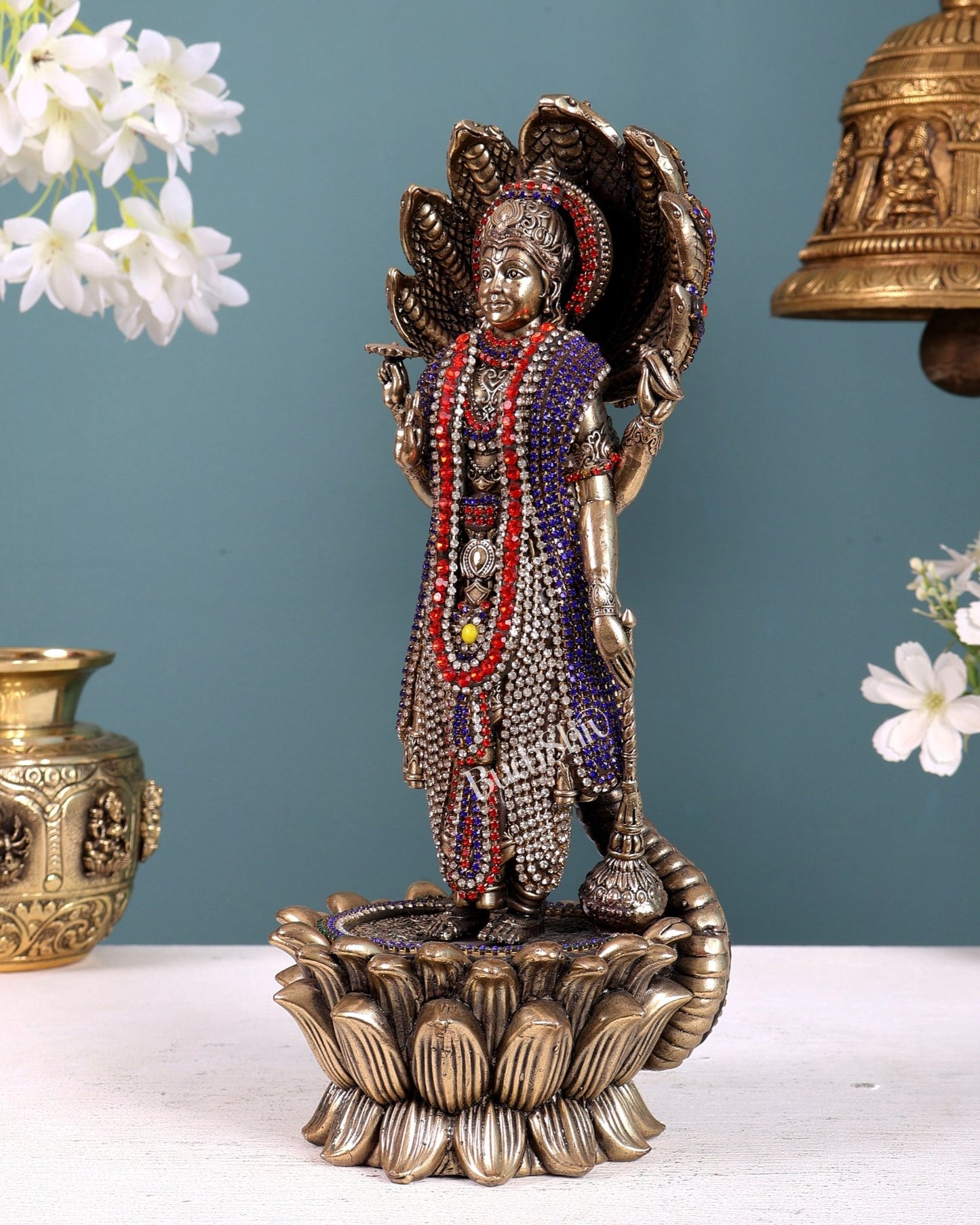 Pure Brass Lord Vishnu Standing with Sheshanaag jewel work 11.5 inch - Budhshiv.com