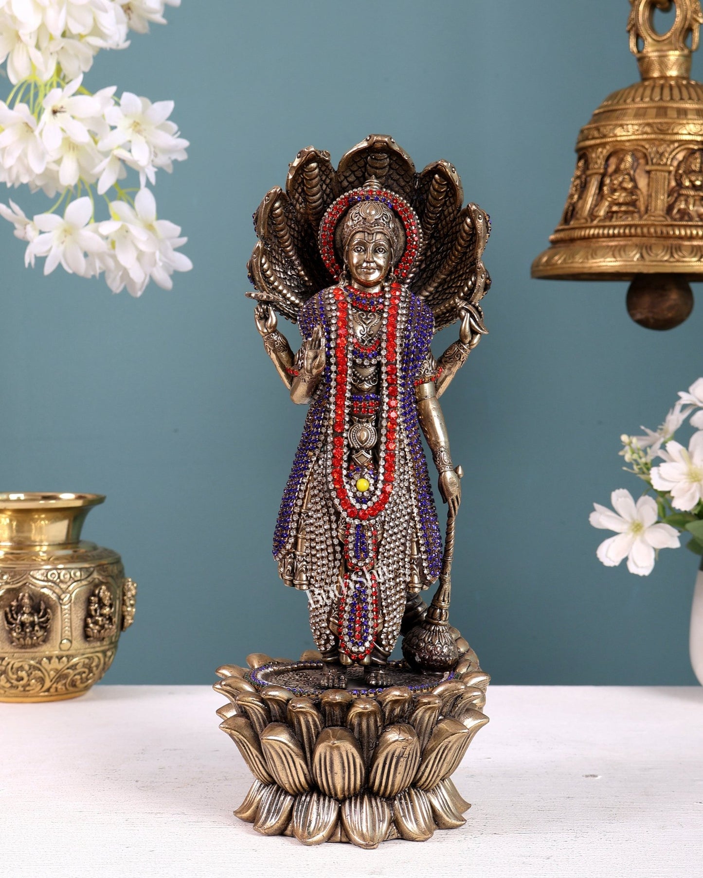Pure Brass Lord Vishnu Standing with Sheshanaag jewel work 11.5 inch - Budhshiv.com