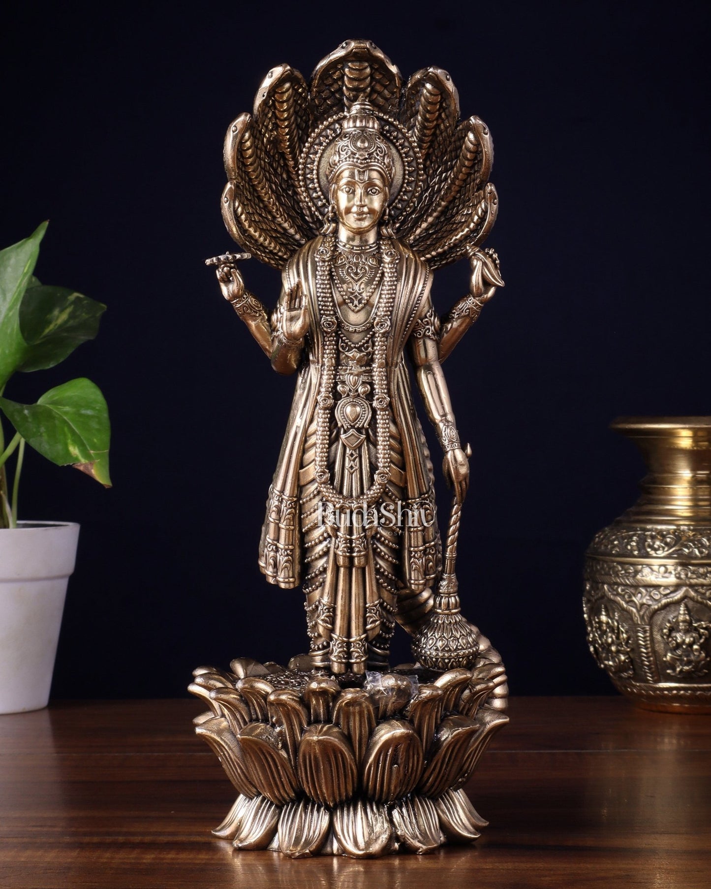 Pure Brass Lord Vishnu Standing with Sheshanaag – Superfine Carvings 11.5 inch - Budhshiv.com