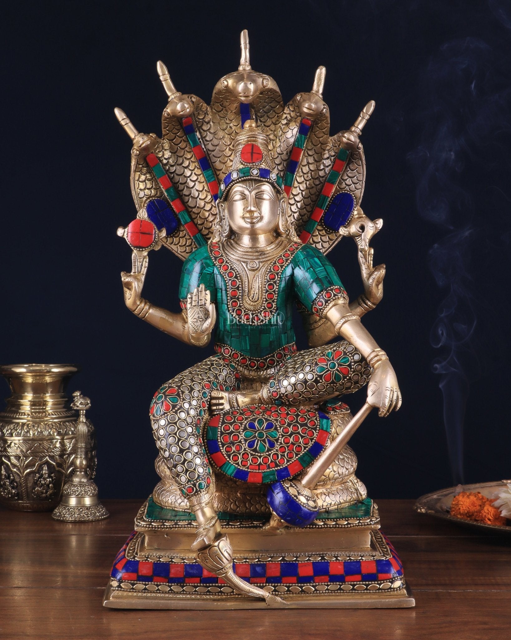 Pure Brass Lord Vishnu statue Sitting Under Sheshanaaga | 11 Inch stonework - Budhshiv.com