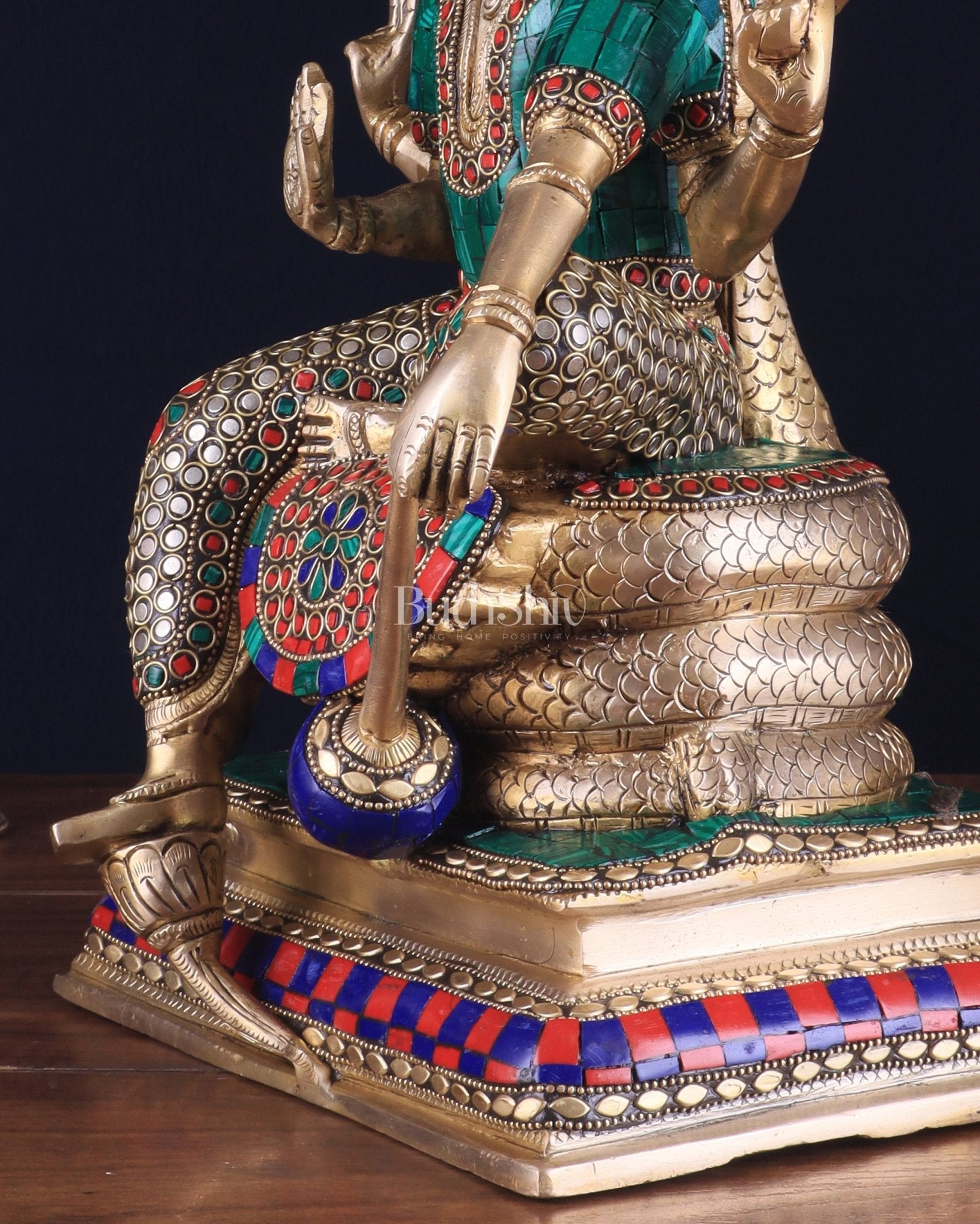 Pure Brass Lord Vishnu statue Sitting Under Sheshanaaga | 11 Inch stonework - Budhshiv.com