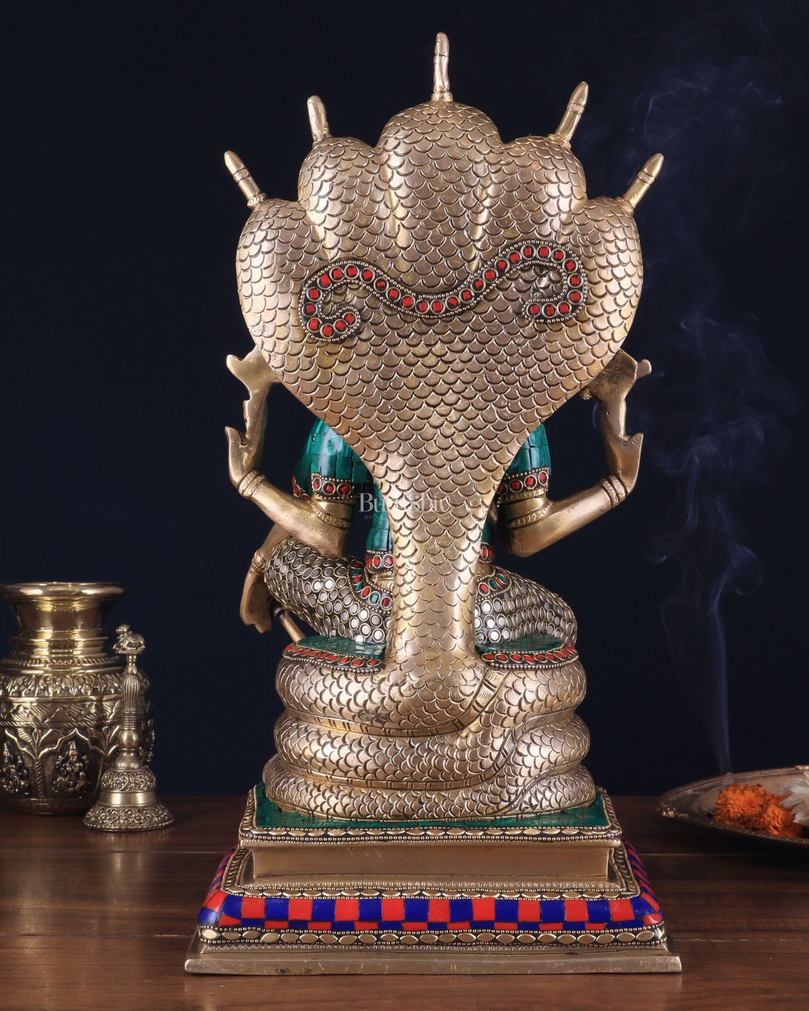 Pure Brass Lord Vishnu statue Sitting Under Sheshanaaga | 11 Inch stonework - Budhshiv.com
