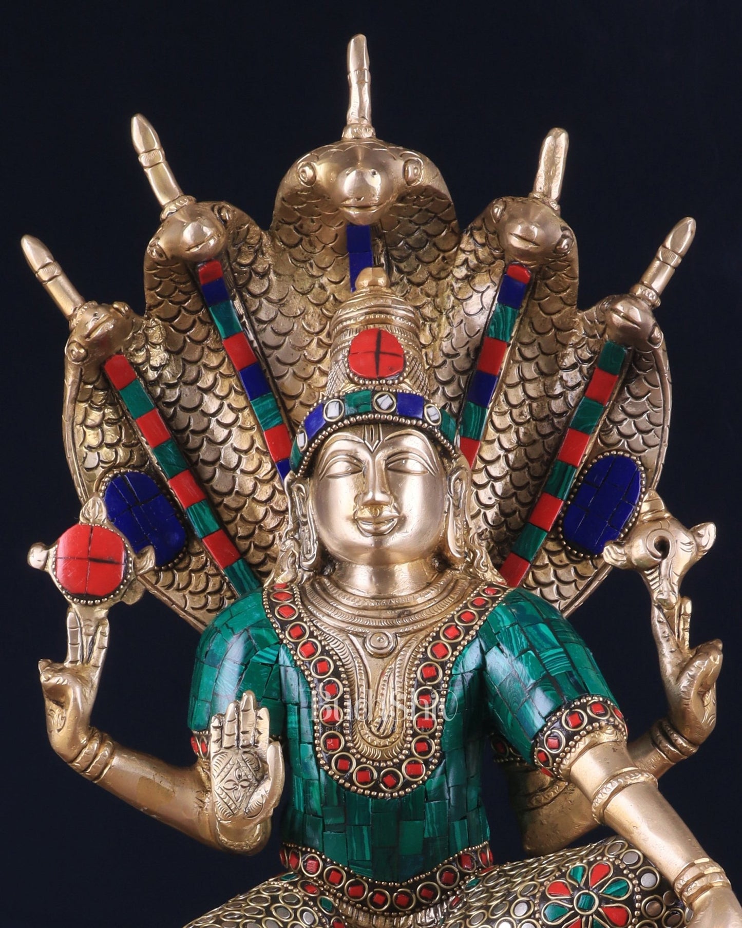 Pure Brass Lord Vishnu statue Sitting Under Sheshanaaga | 11 Inch stonework - Budhshiv.com