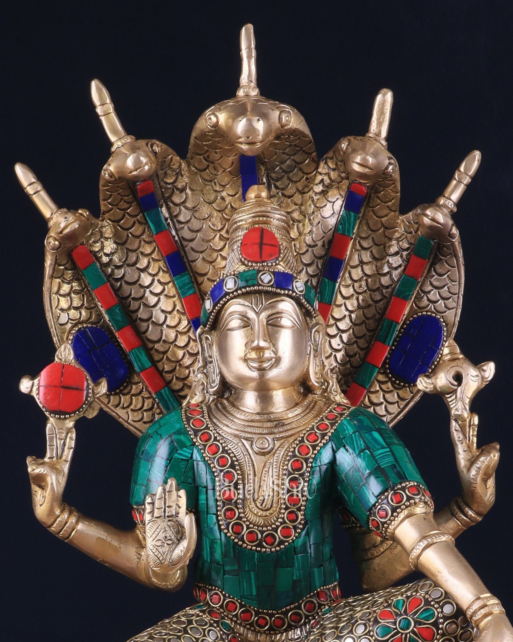 Pure Brass Lord Vishnu statue Sitting Under Sheshanaaga | 11 Inch stonework - Budhshiv.com