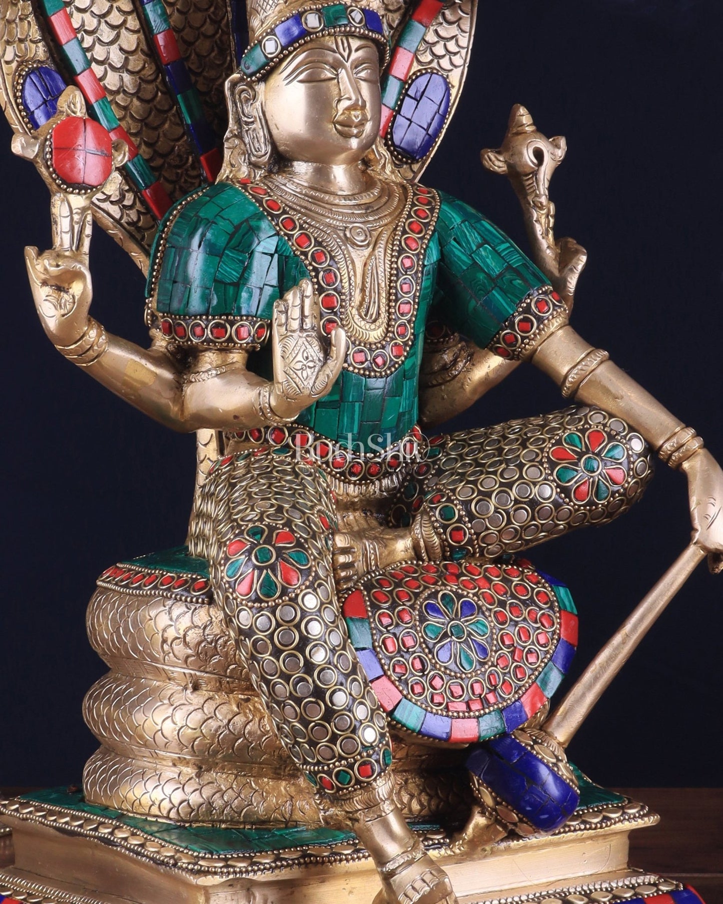 Pure Brass Lord Vishnu statue Sitting Under Sheshanaaga | 11 Inch stonework - Budhshiv.com