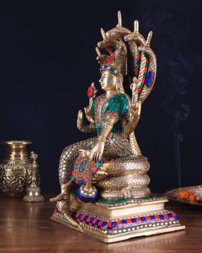 Pure Brass Lord Vishnu statue Sitting Under Sheshanaaga | 11 Inch stonework - Budhshiv.com