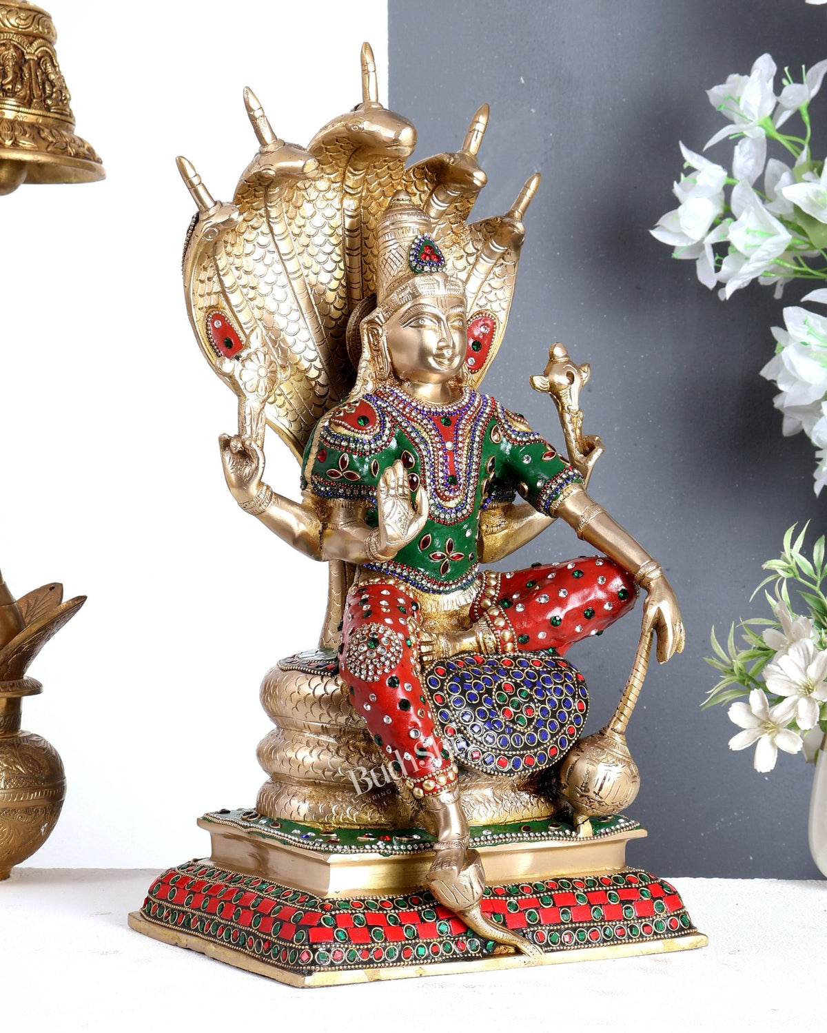 Pure Brass Lord Vishnu statue Sitting Under Sheshanaaga | 16 Inch meenakari - Budhshiv.com