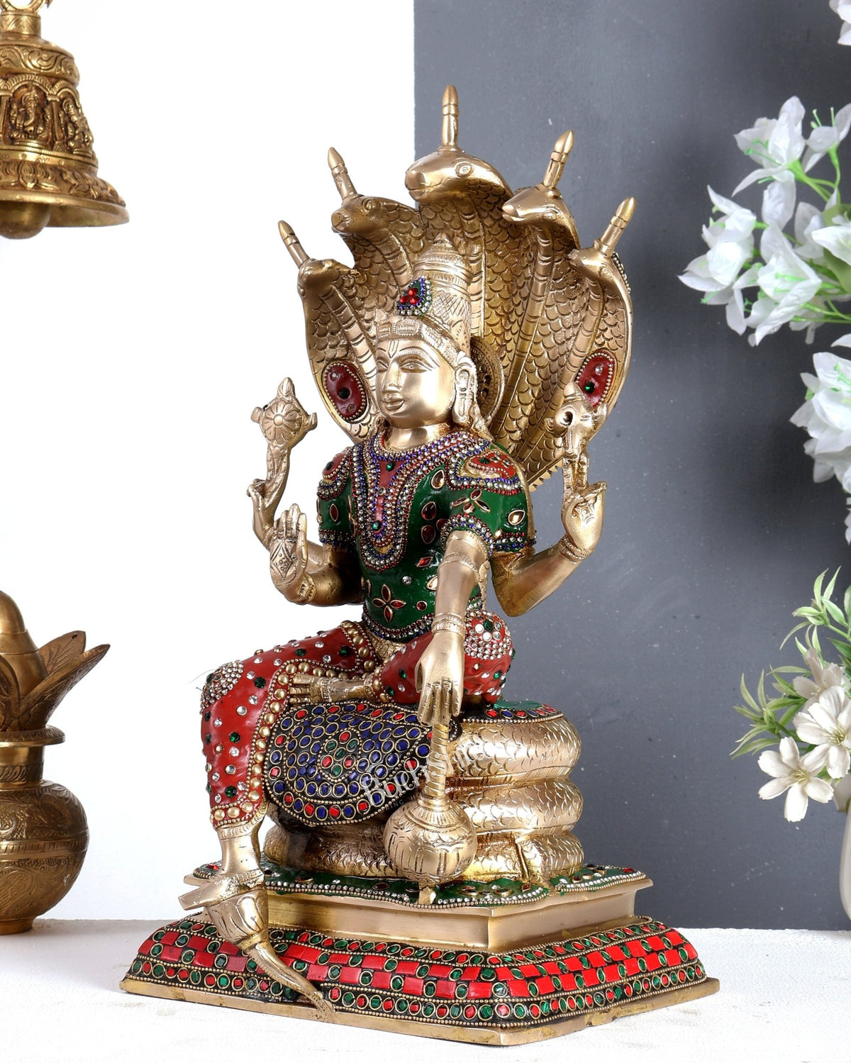 Pure Brass Lord Vishnu statue Sitting Under Sheshanaaga | 16 Inch meenakari - Budhshiv.com
