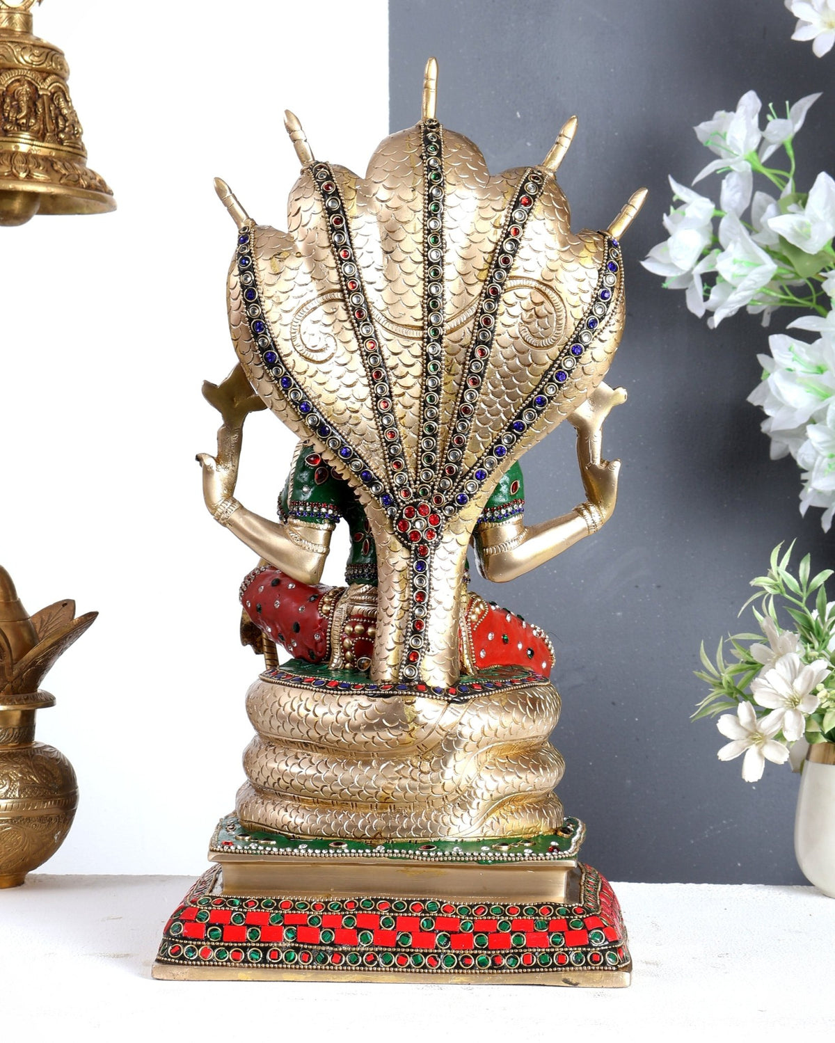Pure Brass Lord Vishnu statue Sitting Under Sheshanaaga | 16 Inch meenakari - Budhshiv.com
