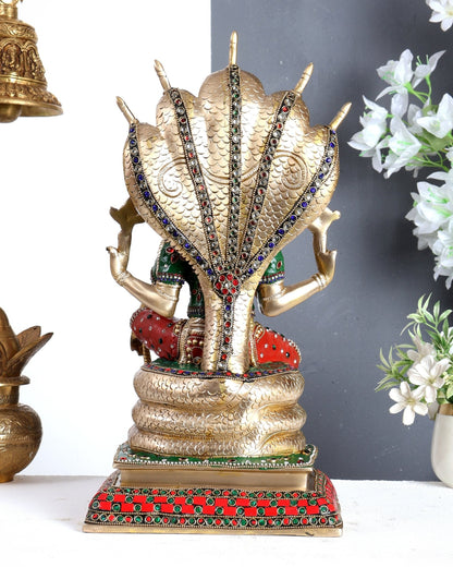 Pure Brass Lord Vishnu statue Sitting Under Sheshanaaga | 16 Inch meenakari - Budhshiv.com