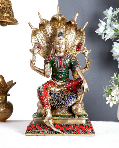 Pure Brass Lord Vishnu statue Sitting Under Sheshanaaga | 16 Inch meenakari - Budhshiv.com