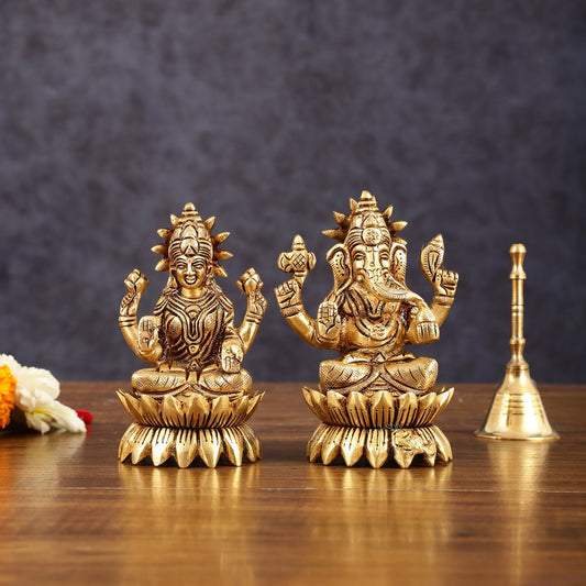 Pure Brass Lotus Ganesha Lakshmi Superfine Idols - 4" Height - Budhshiv.com