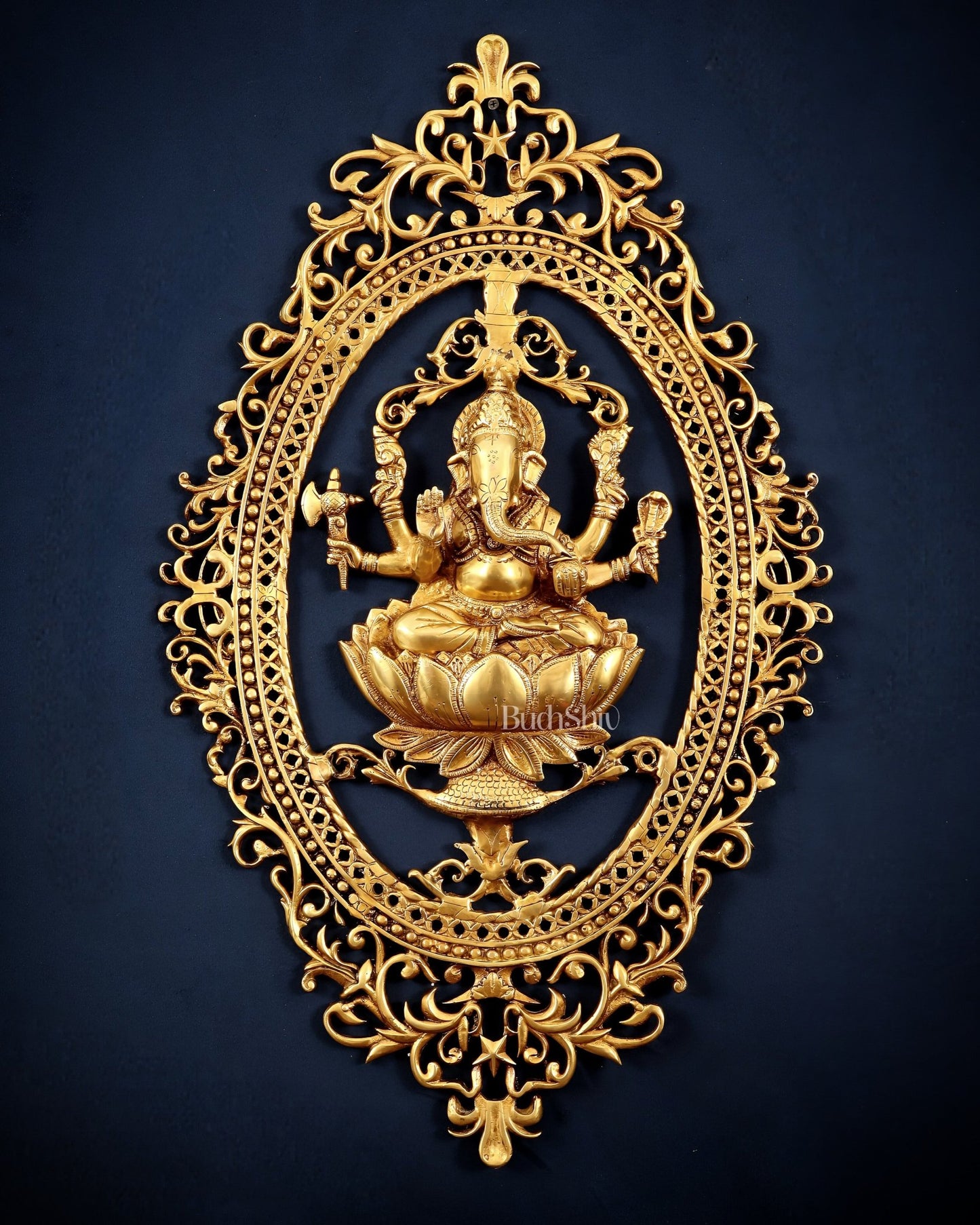 Pure Brass Lotus Ganesha Wall Hanging Frame – Large 30" - Budhshiv.com