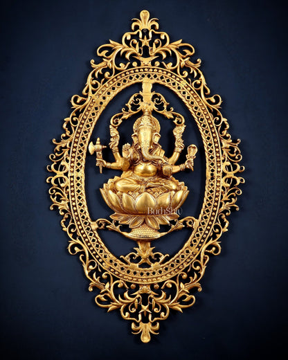 Pure Brass Lotus Ganesha Wall Hanging Frame – Large 30" - Budhshiv.com