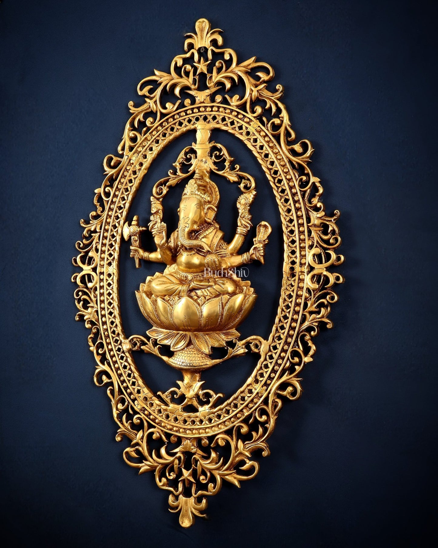 Pure Brass Lotus Ganesha Wall Hanging Frame – Large 30" - Budhshiv.com