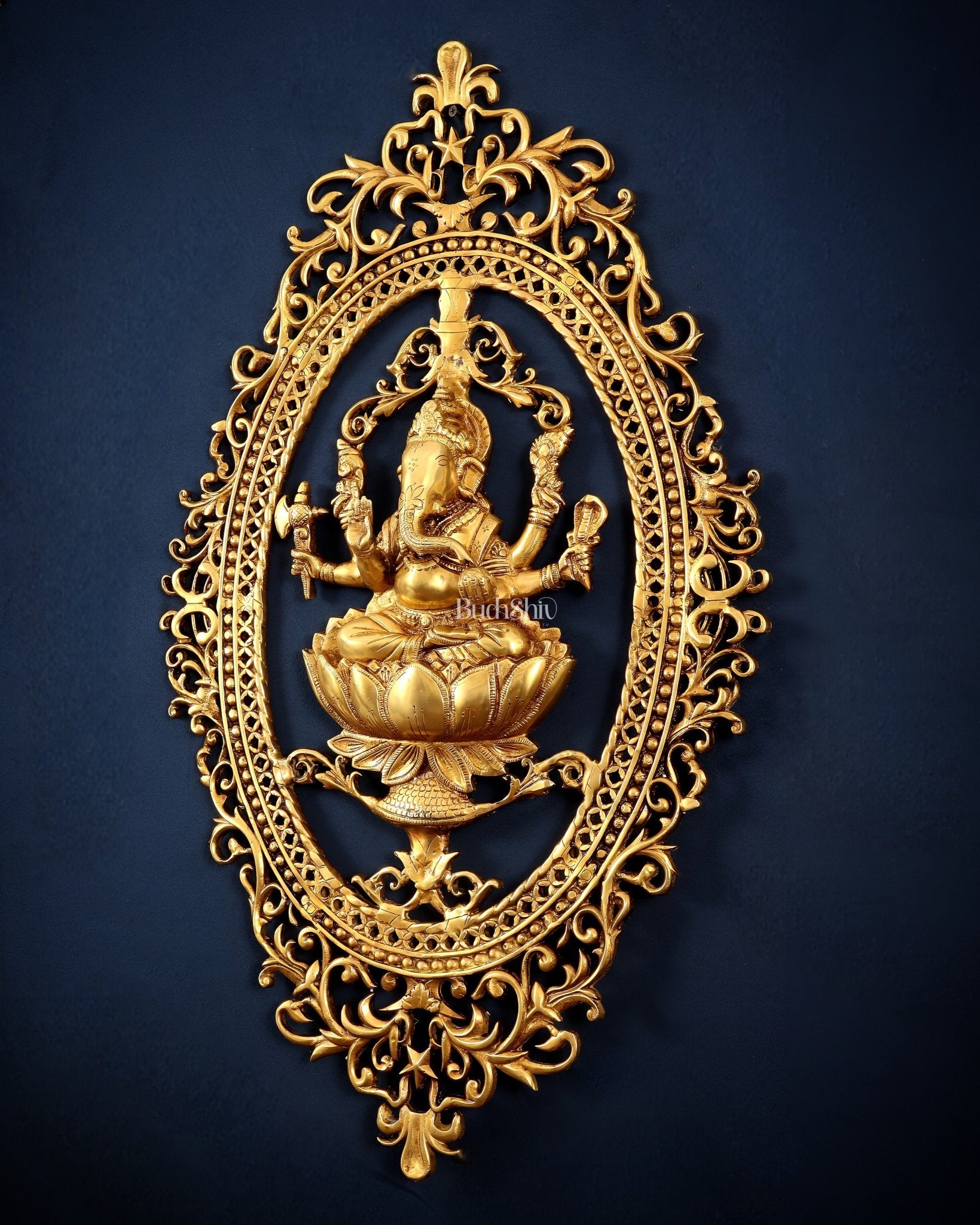 Pure Brass Lotus Ganesha Wall Hanging Frame – Large 30" - Budhshiv.com