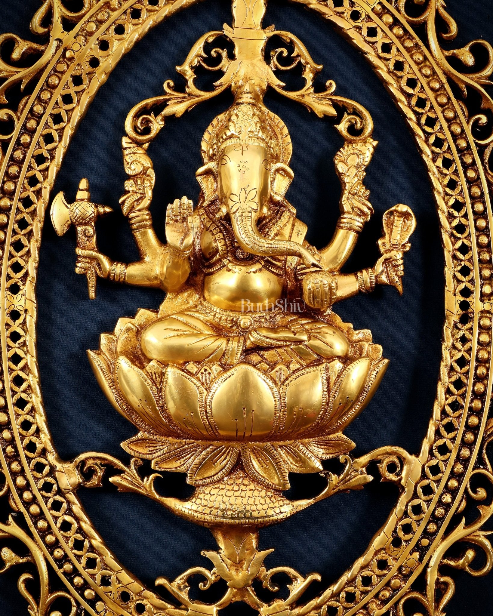 Pure Brass Lotus Ganesha Wall Hanging Frame – Large 30" - Budhshiv.com