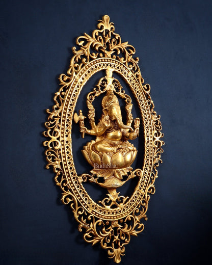 Pure Brass Lotus Ganesha Wall Hanging Frame – Large 30" - Budhshiv.com