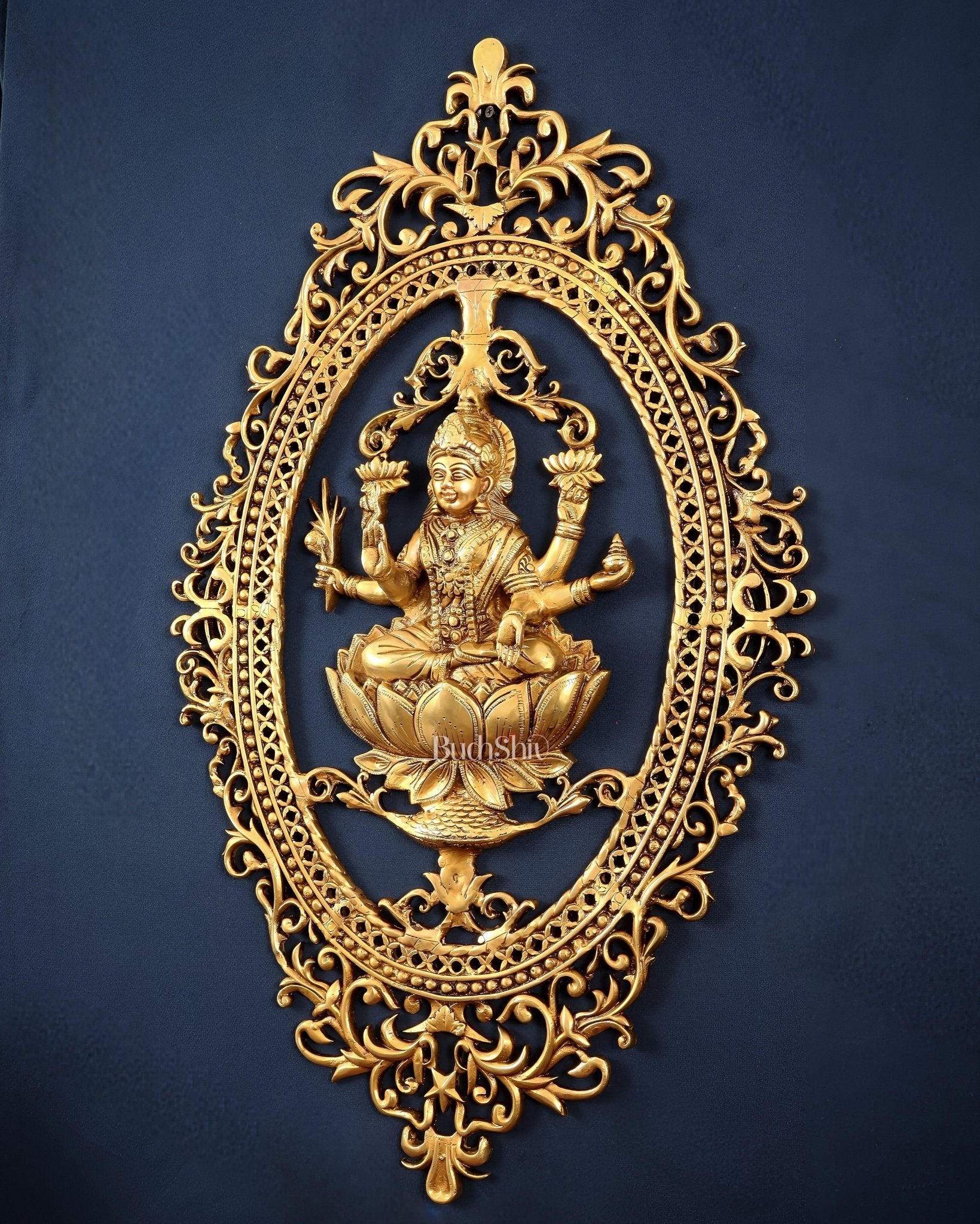 Pure Brass Lotus Lakshmi Wall Hanging Frame – Large 30" - Budhshiv.com