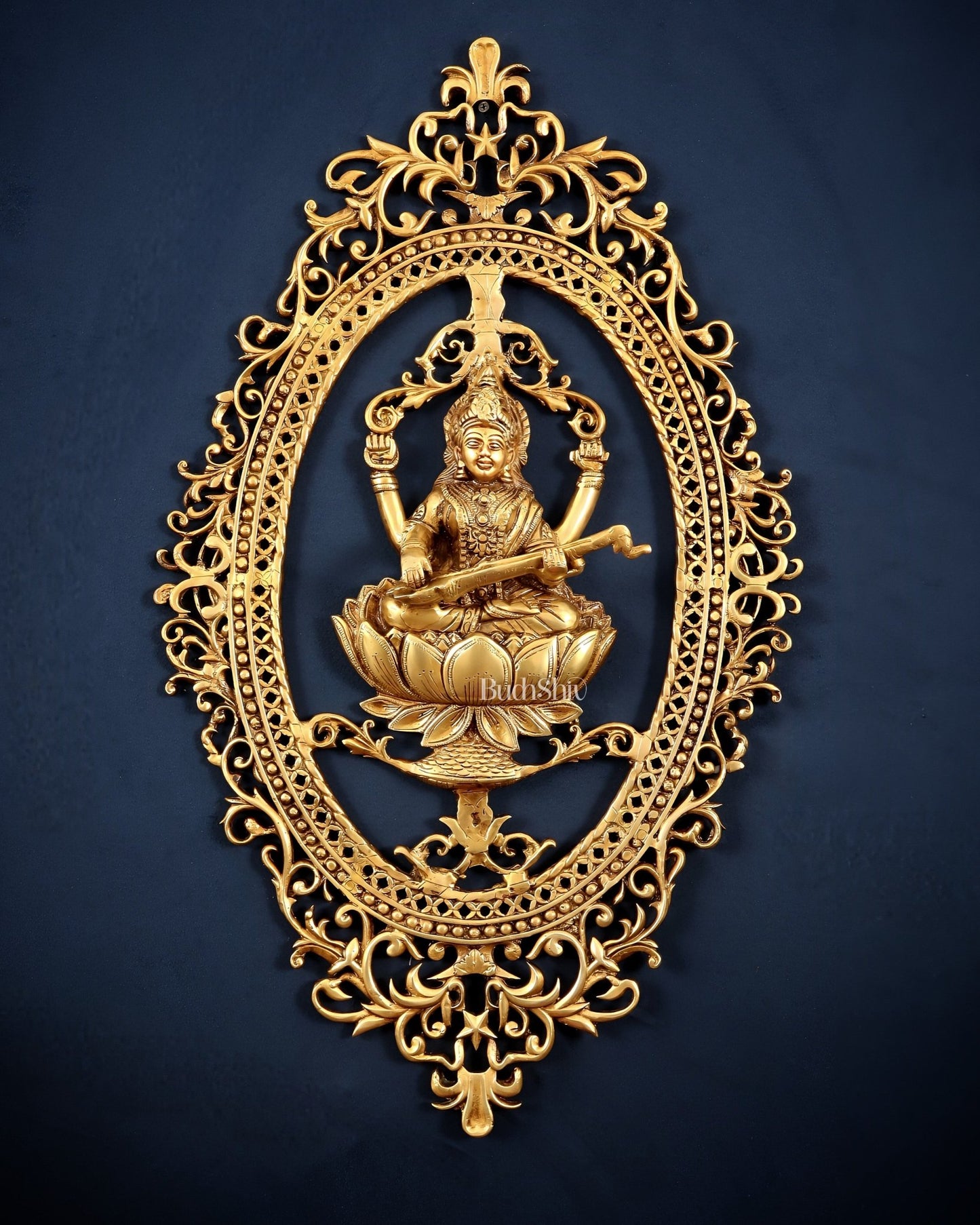 Pure Brass Lotus Saraswati Wall Hanging Frame – Large 30" - Budhshiv.com
