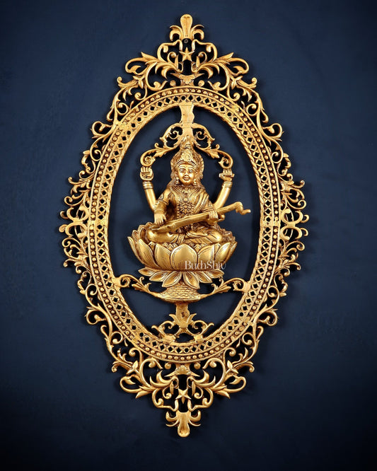 Pure Brass Lotus Saraswati Wall Hanging Frame – Large 30" - Budhshiv.com