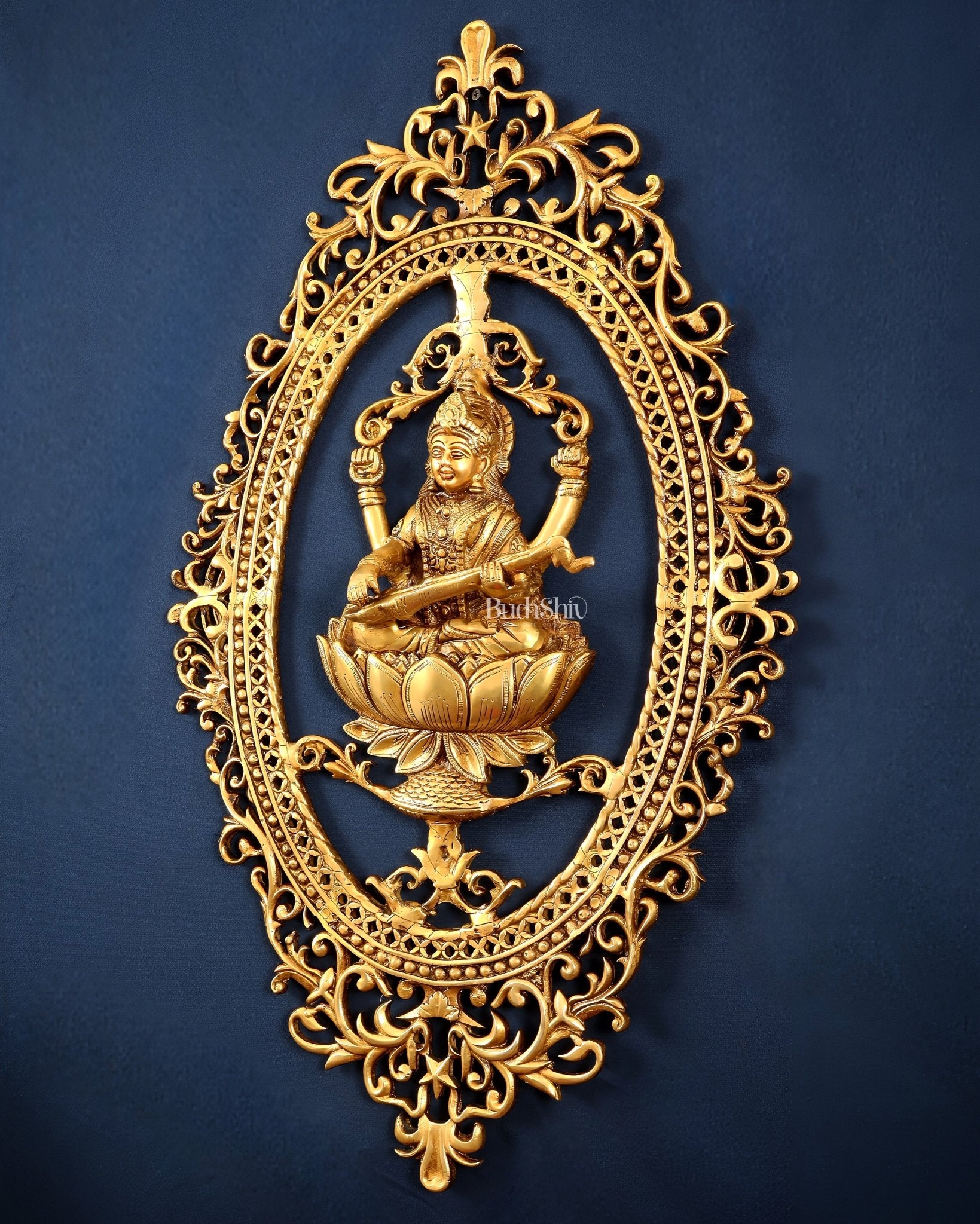 Pure Brass Lotus Saraswati Wall Hanging Frame – Large 30" - Budhshiv.com
