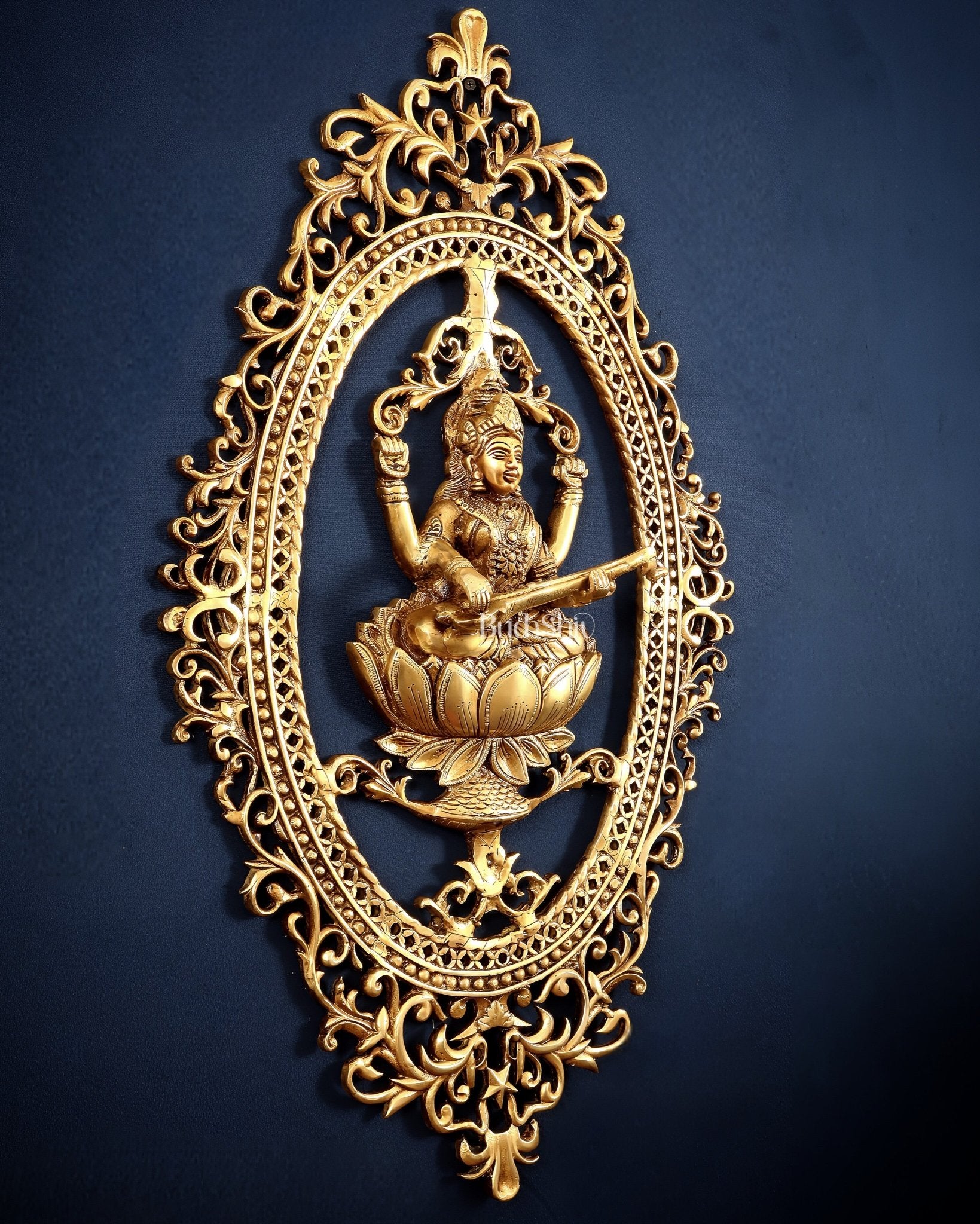 Pure Brass Lotus Saraswati Wall Hanging Frame – Large 30" - Budhshiv.com