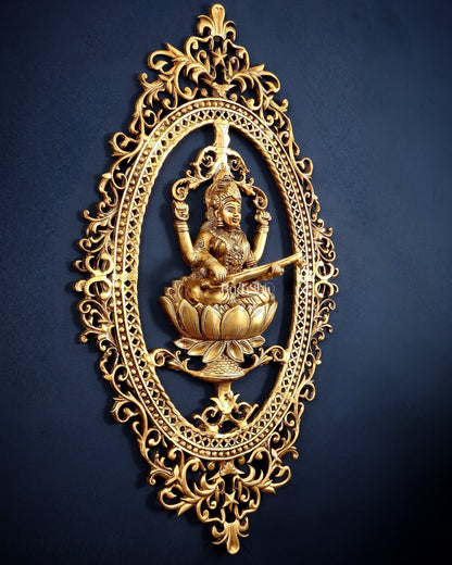 Pure Brass Lotus Saraswati Wall Hanging Frame – Large 30" - Budhshiv.com