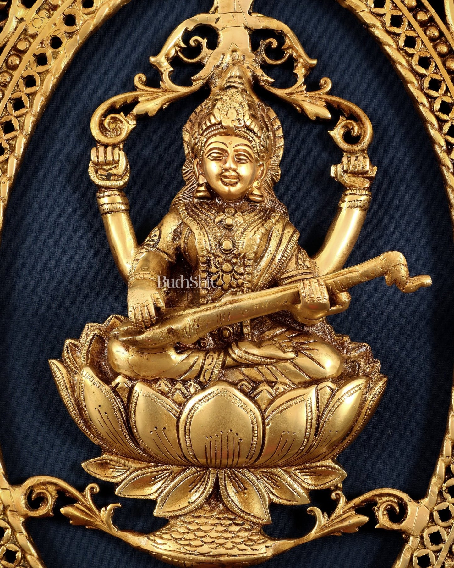 Pure Brass Lotus Saraswati Wall Hanging Frame – Large 30" - Budhshiv.com
