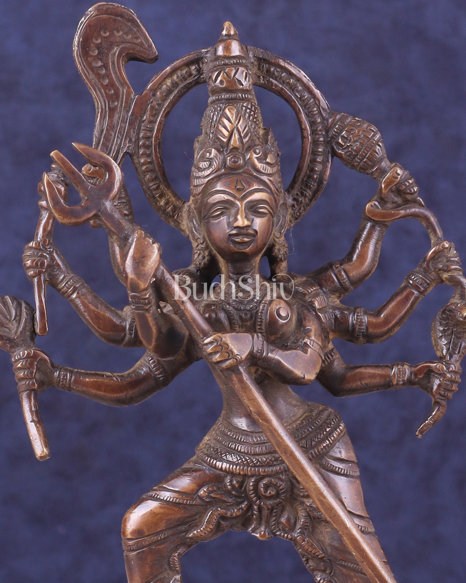 Pure Brass Mahishasur Mardini Durga Idol 8" brown tone - Budhshiv.com