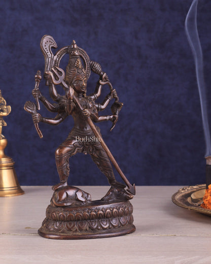 Pure Brass Mahishasur Mardini Durga Idol 8" brown tone - Budhshiv.com