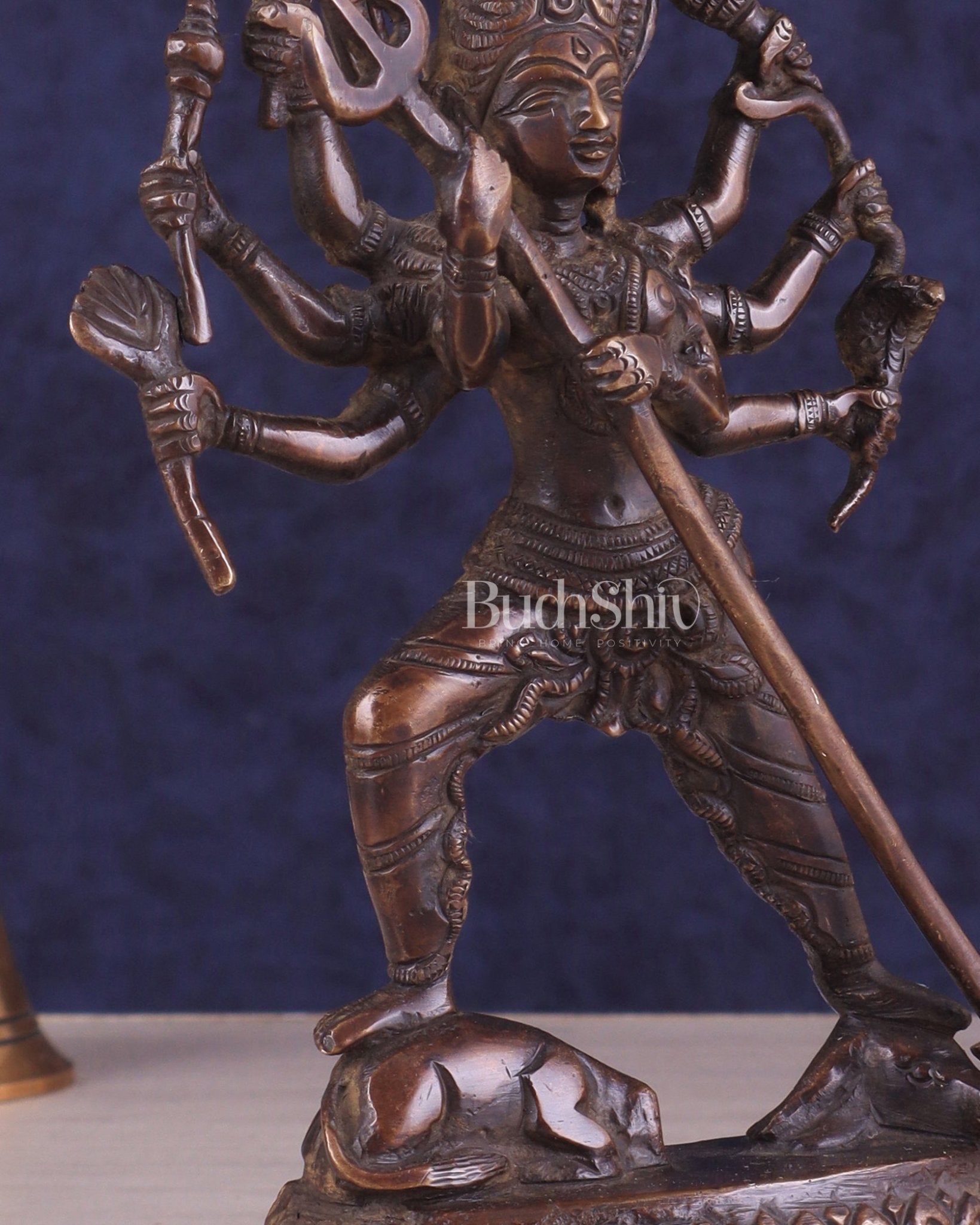 Pure Brass Mahishasur Mardini Durga Idol 8" brown tone - Budhshiv.com