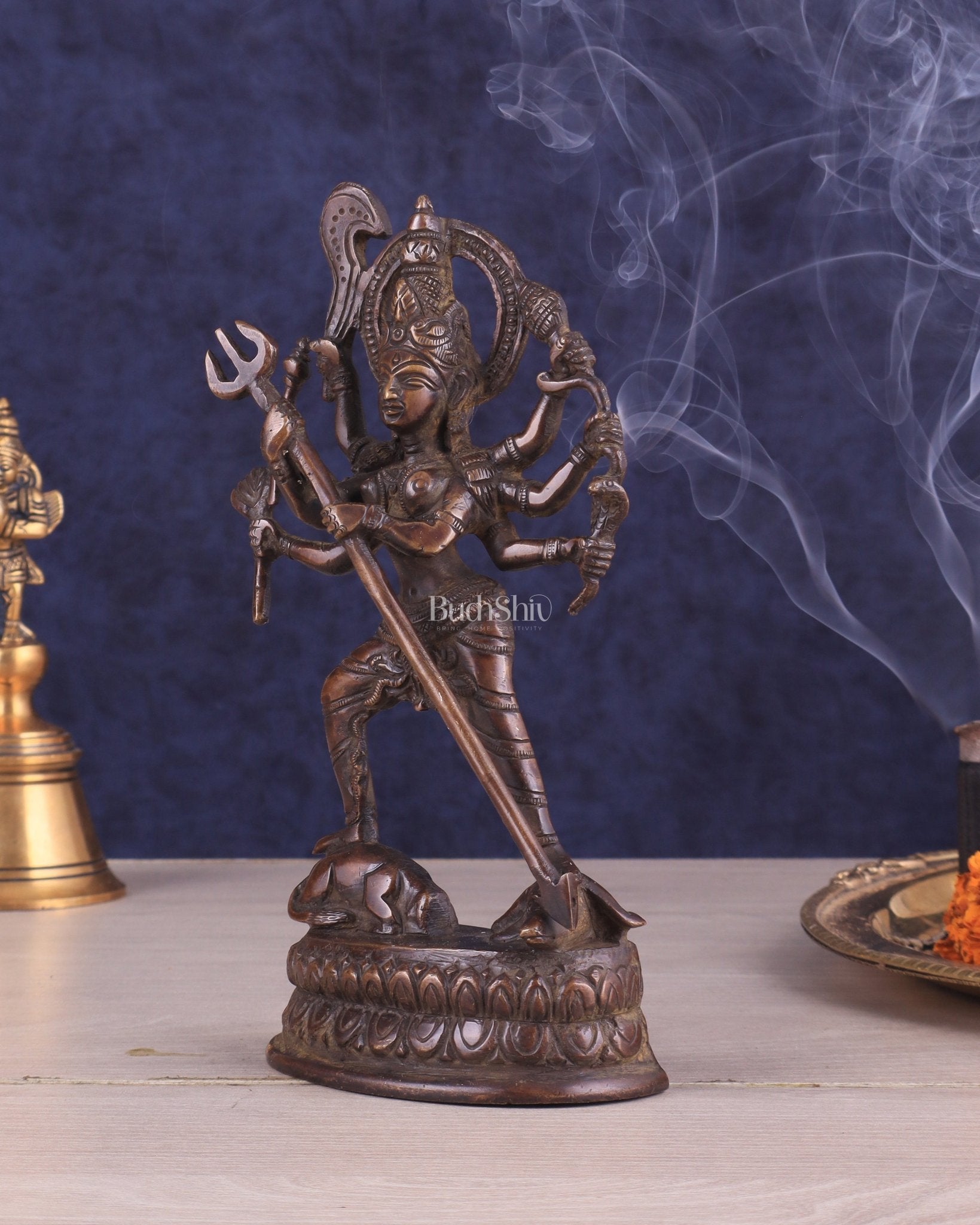 Pure Brass Mahishasur Mardini Durga Idol 8" brown tone - Budhshiv.com