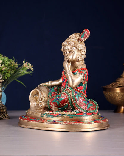 Pure Brass Makhan Chor Baby Krishna Idol | 8" floral stonework - Budhshiv.com