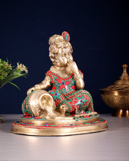 Pure Brass Makhan Chor Baby Krishna Idol | 8" floral stonework - Budhshiv.com