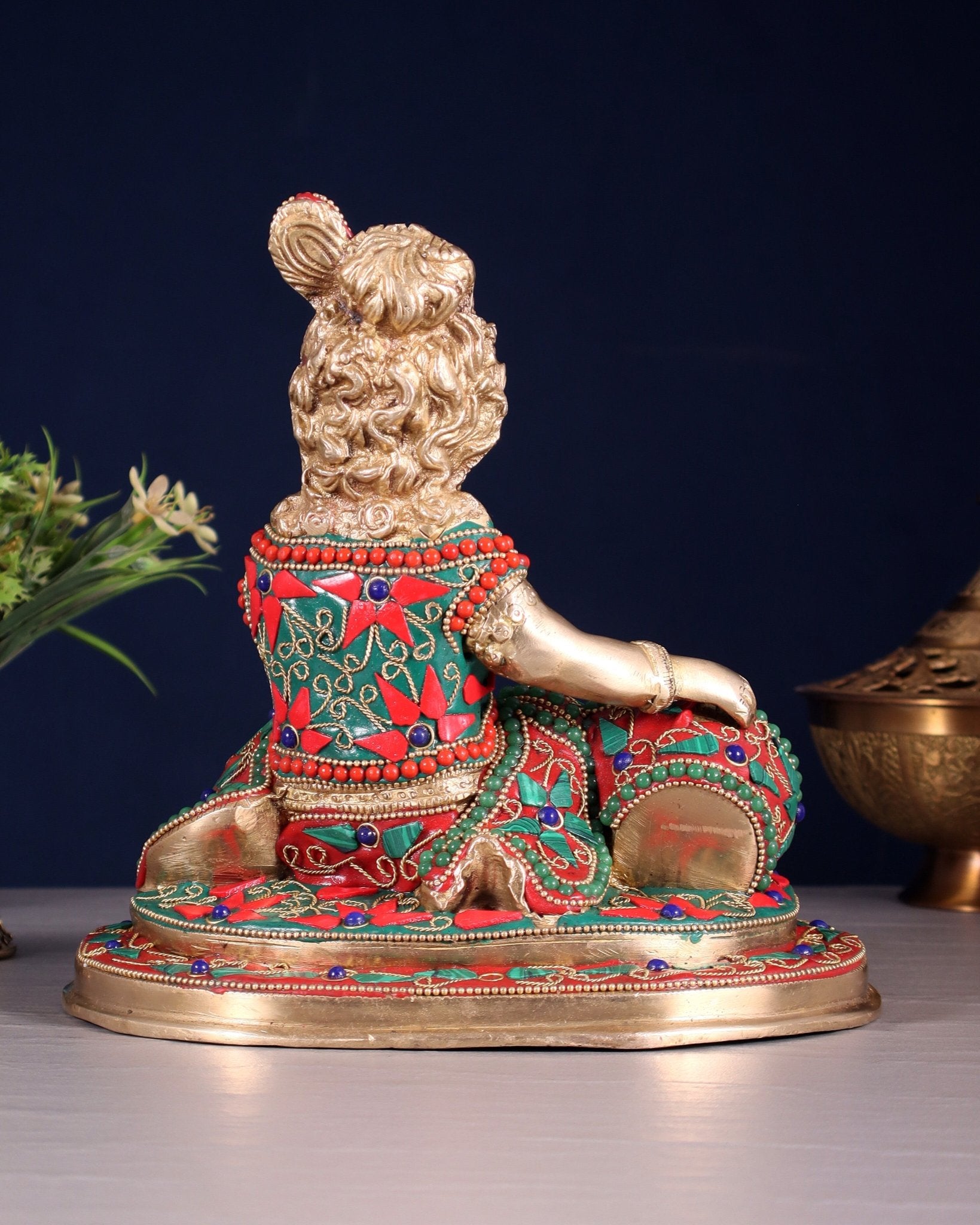 Pure Brass Makhan Chor Baby Krishna Idol | 8" floral stonework - Budhshiv.com