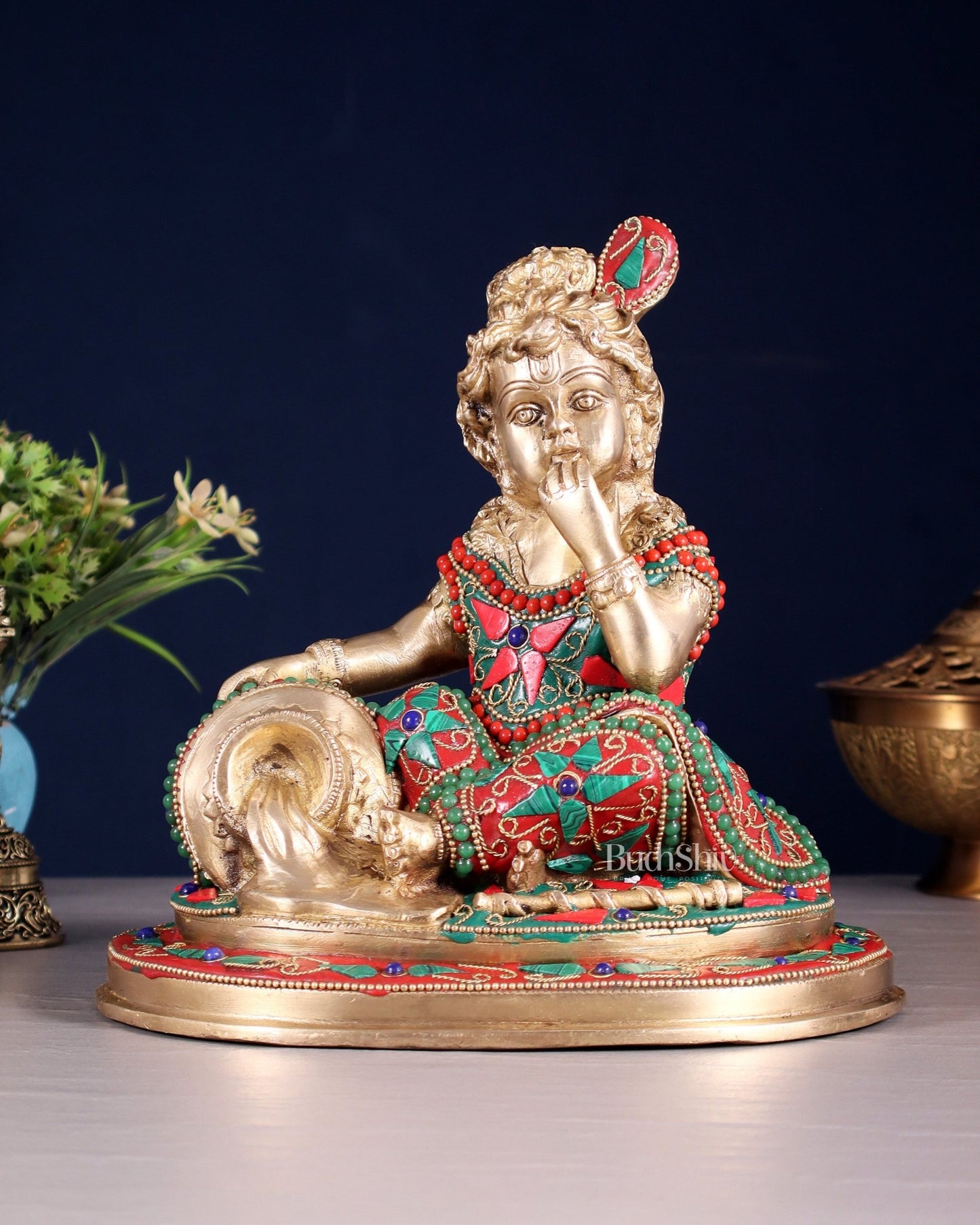 Pure Brass Makhan Chor Baby Krishna Idol | 8" floral stonework - Budhshiv.com
