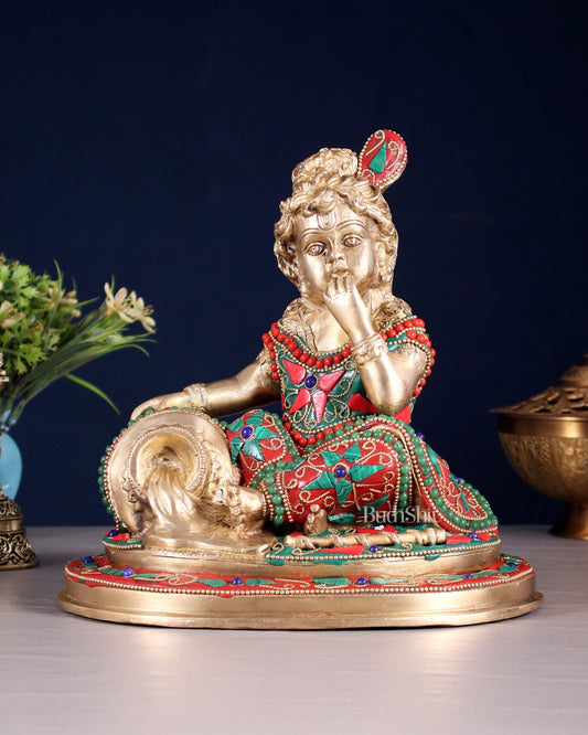 Pure Brass Makhan Chor Baby Krishna Idol | 8" floral stonework - Budhshiv.com