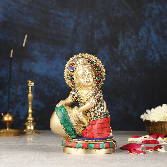 Pure Brass Makhan Chor Bal Gopal Krishna Idol Multicolour 6" - Budhshiv.com