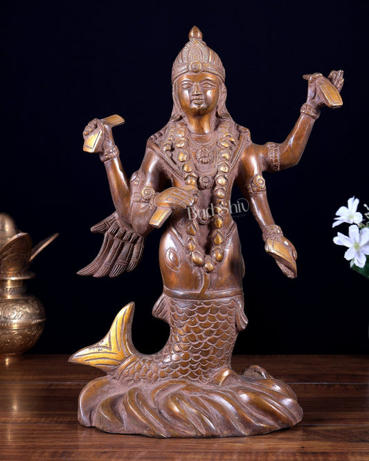 Pure Brass Matsya Vishnu Avatar Statue | Vintage Finish Divine Sculpture (14 Inch) - Budhshiv.com