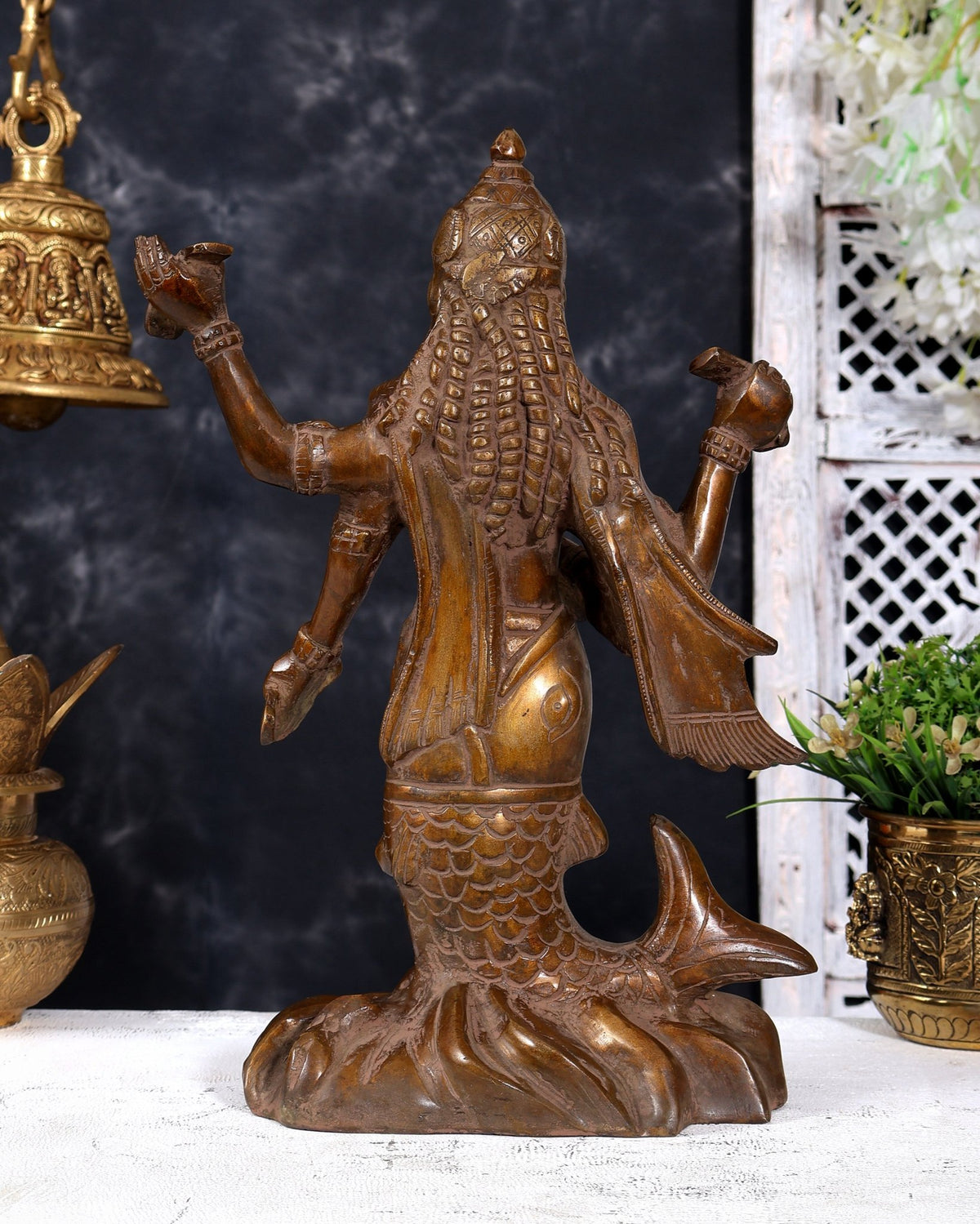 Pure Brass Matsya Vishnu Avatar Statue | Vintage Finish Divine Sculpture (14 Inch) - Budhshiv.com