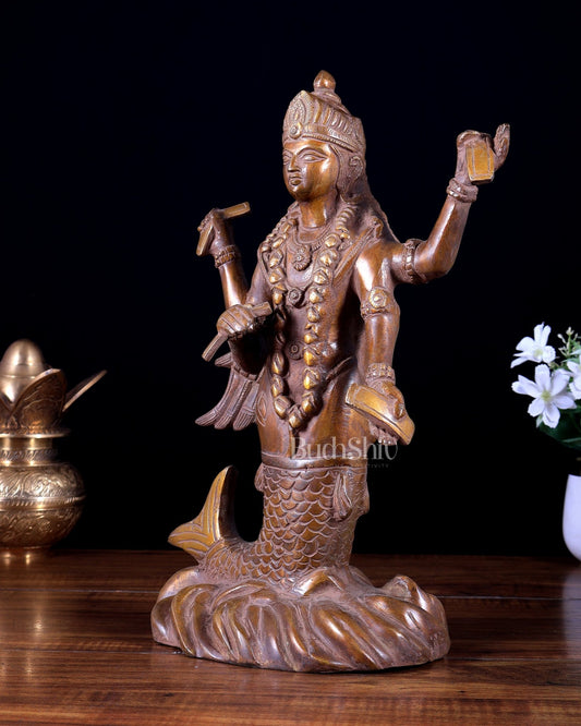 Pure Brass Matsya Vishnu Avatar Statue | Vintage Finish Divine Sculpture (14 Inch) - Budhshiv.com