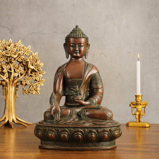 Pure Brass Medicine Buddha Antique Tone Sculpture - 12" Height - Budhshiv.com