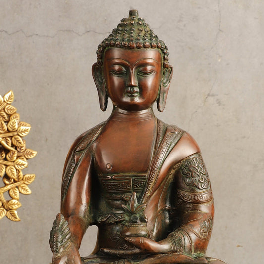 Pure Brass Medicine Buddha Antique Tone Sculpture - 12" Height - Budhshiv.com
