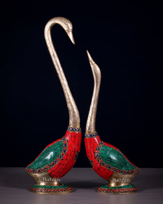 Pure Brass Meenakari Swan Pair - Vastu Approved Home Decor - Budhshiv.com