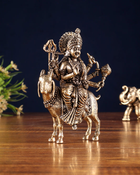 Pure Brass Meldi Mata idol seated on goat 5" - Budhshiv.com