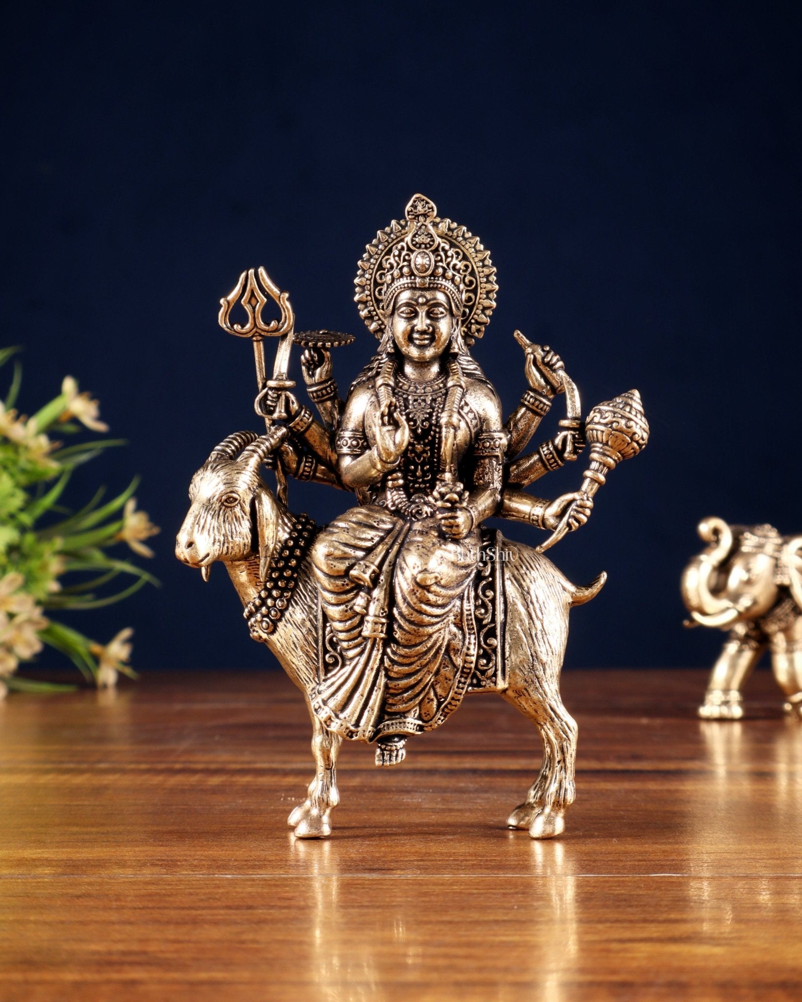 Pure Brass Meldi Mata idol seated on goat 5" - Budhshiv.com