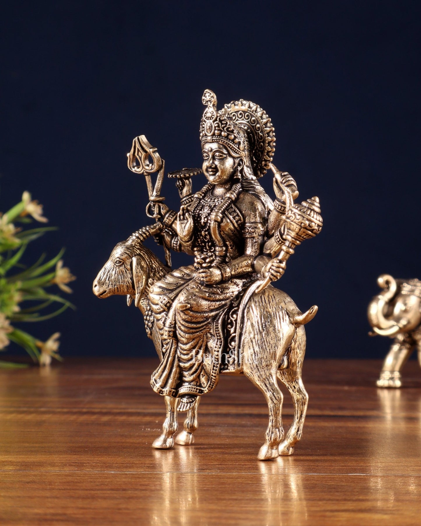 Pure Brass Meldi Mata idol seated on goat 5" - Budhshiv.com